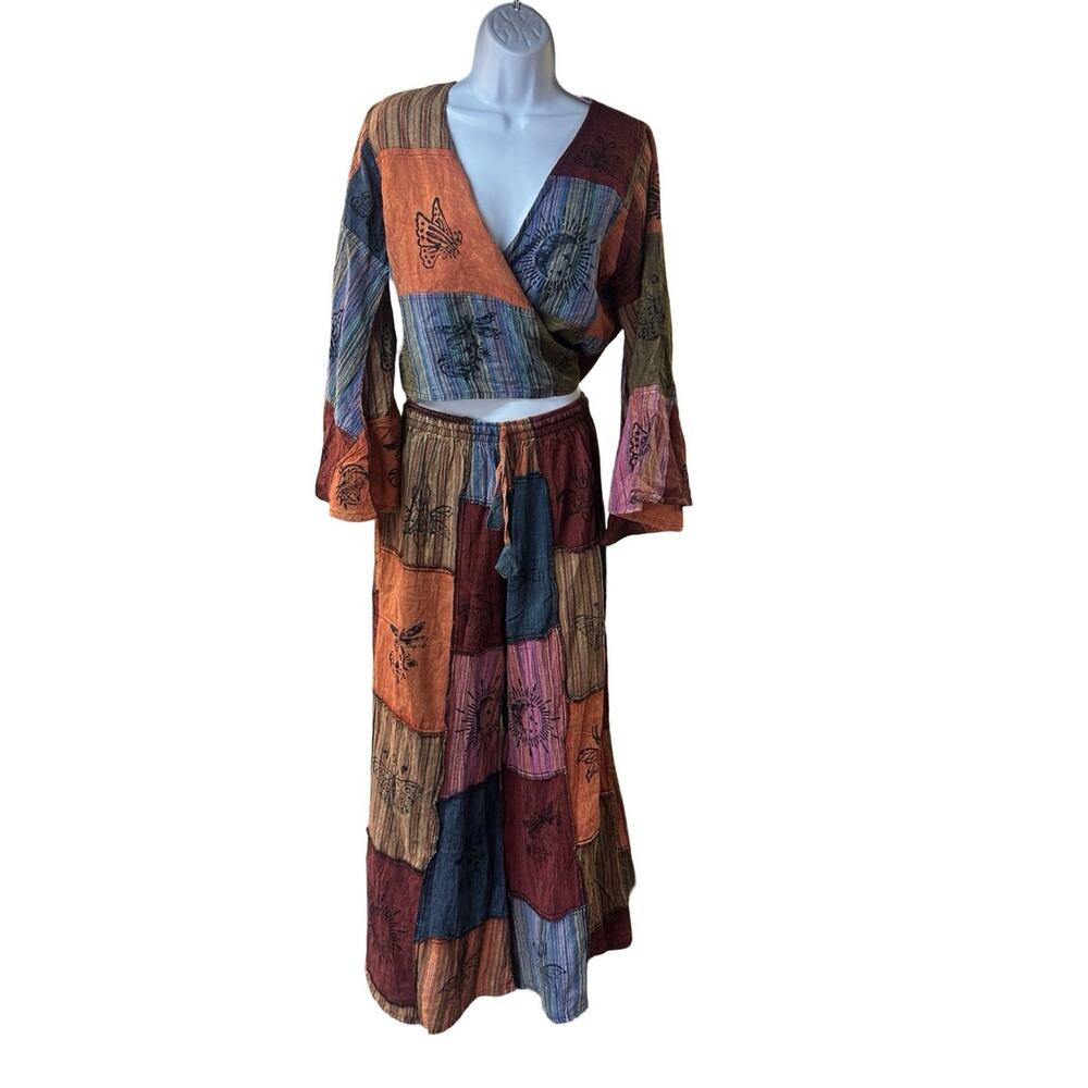Karma Nepal Craft Boho Patchwork Pants Set Wrap Top Festival Hippie Fairycore